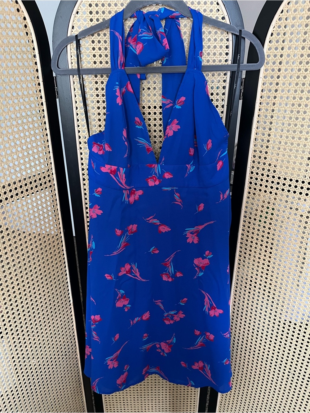 Lulu's Royal Blue Halter Dress with Pink Floral Print